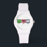 Peace Love Justice Horloge<br><div class="desc">Een schattig geschenk voor een advocaat,  advocaat,  rechter of iemand in rechte. Een vredesteken,  hart en de schaal van gerechtigheid. Een goed schoolcadeau voor iemand die net de bar is overgegaan.</div>