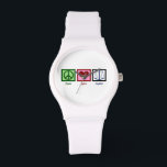 Peace Love Justice Horloge<br><div class="desc">Een schattig geschenk voor een advocaat, advocaat, rechter of iemand in rechte. Een vredesteken, hart en de schaal van gerechtigheid. Een goed schoolcadeau voor iemand die net de bar is overgegaan.</div>