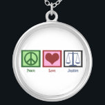 Peace Love Justice Zilver Vergulden Ketting<br><div class="desc">Een vredesteken,  hart en de schaal van gerechtigheid. Een mooi cadeau voor een advocaat of rechter.</div>