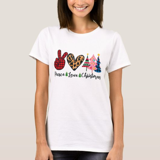 Peace Love Kerstmis in Pink Blue Green Holiday T-shirt (Voorkant)