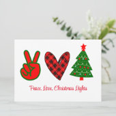 Peace Love Kerstmis Licht Red Green Feestdagenkaart (Staand voorkant)