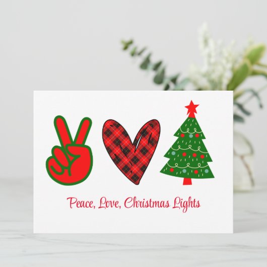 Peace Love Kerstmis Licht Red Green Feestdagenkaart (Staand voorkant)