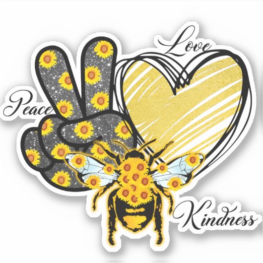 Peace Love Kindness Heart Honeybee Gold Glitter Sticker (Voorkant)