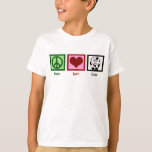 Peace Love Koeien Kinder T-shirt<br><div class="desc">Ken je iemand die geobsedeerd is door koeien? Een geweldig t-shirt om het koe t-shirt collectie van kinderen deze kerst toe te voegen. Een  vredesteken,  hart en een zwarte en witte Holstein koe. Ik hou van schattige koe t - shirts.</div>