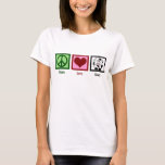Peace Love Koeien T-shirt<br><div class="desc">Ken je iemand die geobsedeerd is door koeien? Een geweldig cadeau om het koe collectie van iemand deze kerst toe te voegen. Een  vredesteken,  hart en een zwarte en witte Holstein koe. Ik hou van schattige koe cadeaus.</div>