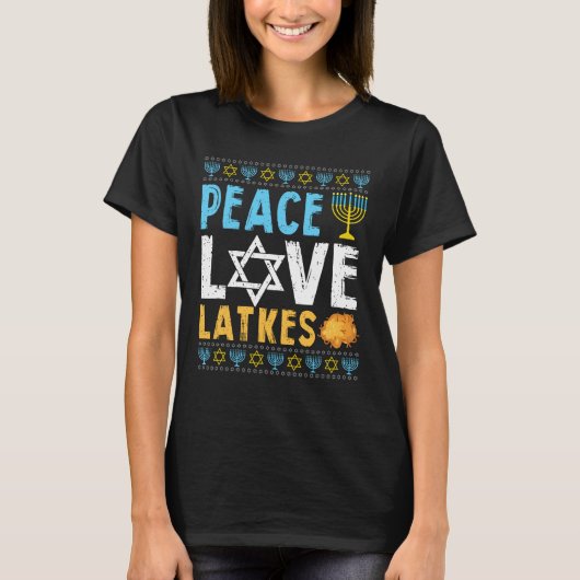 Peace Love Latkes Funny Hanukkah Chanukah Joods T-shirt (Voorkant)