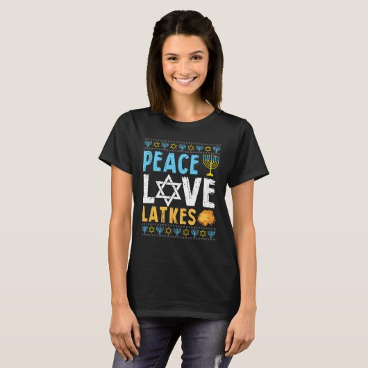 Peace Love Latkes Funny Hanukkah Chanukah Joods T-shirt (Voorkant volledig)
