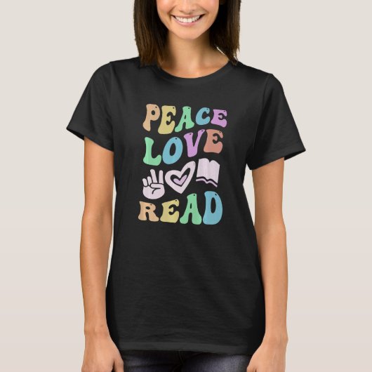PEACE LOVE LEAD READ Retro Literacy Teacher Groovy T-shirt (Voorkant)