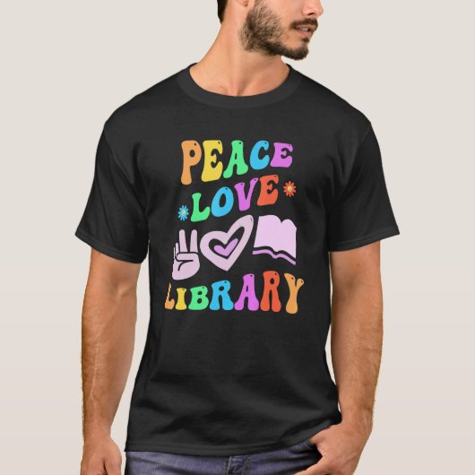 PEACE LOVE LIBRARY Retro Librarian Groovy Back to T-shirt (Voorkant)