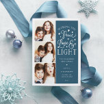 Peace, Love & Light | Hanukkah Photo Feestdagenkaart<br><div class="desc">Beautiful typography based Hanukkah photo card features three of your favorite family photos in a square format along the left side. "Wishing you peace, love and light this Hanukkah and always" appears on the right in white hand lettered typography on a dark teal blue background dotted with stars. Customize with...</div>