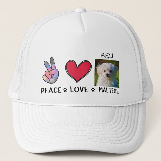Peace Love Maltese Hondenliefhebbers Trucker Hat Pet (Voorkant)
