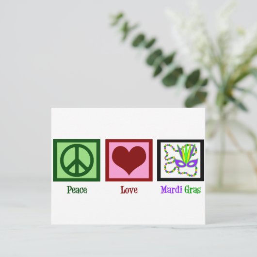Peace Love Mardi Gras Briefkaart (Staand voorkant)
