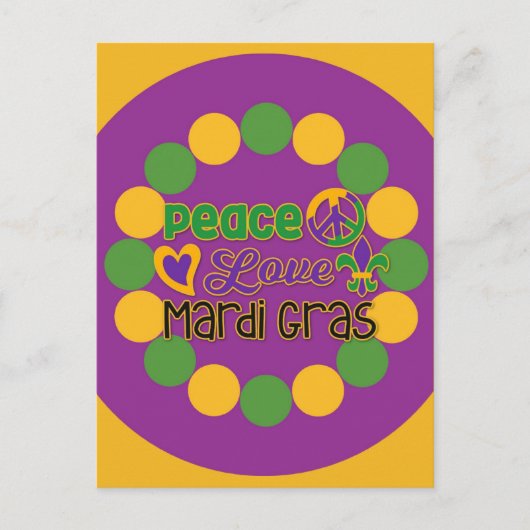 Peace Love Mardi Gras Paars Gold Briefkaart (Voorkant)