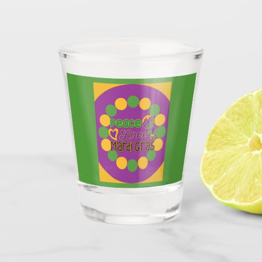 Peace Love Mardi Gras Paars Gold Green Shot Glas (Voorkant)