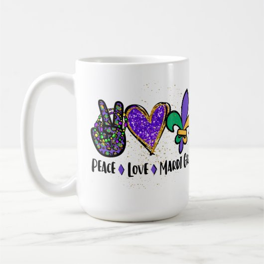 PEACE LOVE MARDI GRAS PAARS GROEN GOLD KOFFIEMOK (Links)