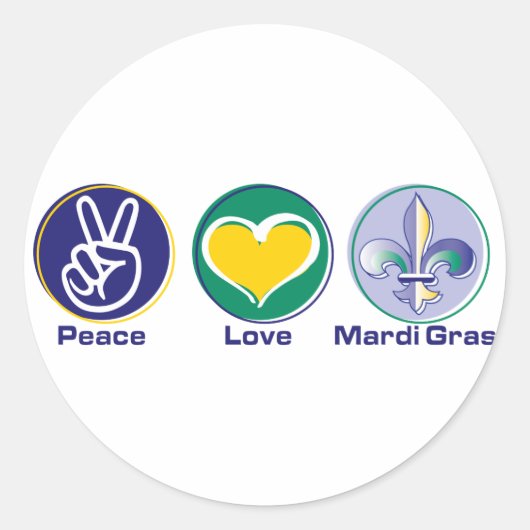 Peace Love Mardi Gras Ronde Sticker (Voorkant)