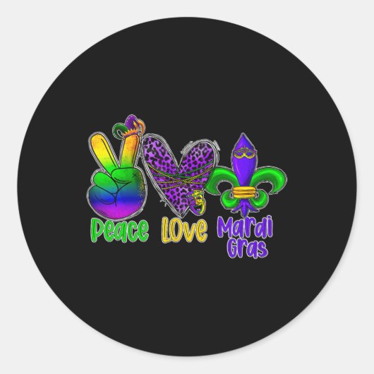 Peace Love Mardi Gras Ronde Sticker (Voorkant)