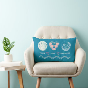 Peace Love Mermaids Artsy Blauwgroen Lumbar Pillow Kussen