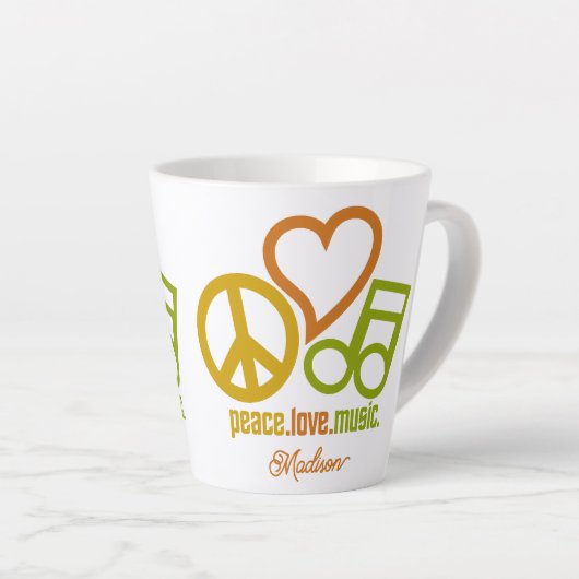 Peace Love Music, aangepaste naam Latte Mok (Rechterhoek)