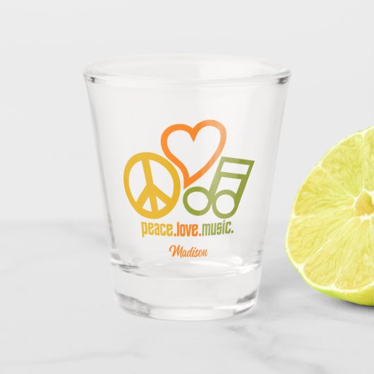 Peace Love Music, aangepaste naam Shot Glas (Voorkant)
