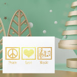 Peace Love Music Beauful Musician Gold Folie Kaarten<br><div class="desc">Deze mooie kerstkaart van muzikant heeft een vredelievend teken,  hart en de drievoudige klof op een muziekschaal in elegante gouden folie. Pas de binnenkant aan voor je medemuziekvrienden. Geweldige kaarten voor een koor- of bandregisseur,  chorale zangers of andere muzikale hellingen deze vakantie.</div>