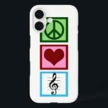 Peace Love Music iPhone 16 Hoesje<br><div class="desc">Een schattig cadeau voor een muzikant met een vredesteken,  hart en een muzikaal symbool voor een drievoudige sleutel.</div>