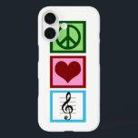 Peace Love Music iPhone 16 Hoesje<br><div class="desc">Een schattig cadeau voor een muzikant met een vredesteken,  hart en een muzikaal symbool voor een drievoudige sleutel.</div>