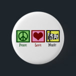 Peace Love Music Ronde Button 5,7 Cm<br><div class="desc">Mooie muzikale gave met een vredes-,  hart- en treuzelstaf. Cool PEACE LOVE MUSIC kerstcadeau voor een componist,  bandregisseur of kokoerier.</div>