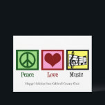 Peace Love Muziek Custom Band of Choir Christmas Feestdagenkaart<br><div class="desc">Mooie muzikant kerstkaart met een vredesteken,  hart,  en een treble sleutel en muzikale staf. Schattige Peace Love Music vakantiepas voor een componist,  bandleider of koordirigent.</div>