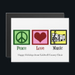 Peace Love Muziek Custom Kerstmagneet Kaart<br><div class="desc">Mooie muzikant magnetische kerstkaart met een vredesteken,  hart,  en een treble sleutel en muzikale staf. Schattige Peace Love Music vakantiemagneetkaarten voor een componist,  bandleider of koordirigent.</div>