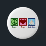 Peace Love Nutrition Ronde Button 5,7 Cm<br><div class="desc">Peace Love Nutrition. Een schattig voedingspartnerschap voor een diëtist of diëtist die werkt met gezondheid en diëten die de voedselpiramide gebruiken.</div>