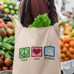 Peace Love Nutrition Tote Bag<br><div class="desc">Peace Love Nutrition. Een schattig voedingspartnerschap voor een diëtist of diëtist die werkt met gezondheid en diëten die de voedselpiramide gebruiken.</div>