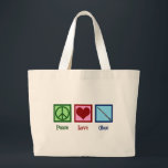 Peace Love Oboe Grote Tote Bag<br><div class="desc">Een mooie Oboe-speler kerstcadeau voor iemand die graag muziek speelt in een band of orkest. Een vredesteken,  hart en een boe. Peace Love Oboes.</div>