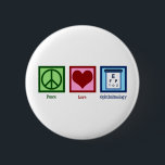 Peace Love Ophthalmology Ronde Button 5,7 Cm<br><div class="desc">Peace Love Ophthalmology. Een coole oftalmoloog cadeau voor een oogarts van osteopathisch geneesmiddel voor gezichtsstoornissen.</div>