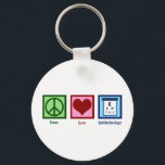 Peace Love Ophthalmology Sleutelhanger<br><div class="desc">Peace Love Ophthalmology. Een coole oftalmoloog cadeau voor een oogarts van osteopathisch geneesmiddel voor gezichtsstoornissen.</div>