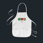 Peace Love Painting Cute Custom Art Class Kinder Kinder Schort<br><div class="desc">Een vredesteken,  een hart,  en het palet van een kunstenaar met heldere verfkleuren en penseel. Een schattig aangepast cadeau voor een kinderschilder. Pas dit kinder geschenk van de Vredesliefde aan.</div>