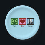 Peace Love Pandas Papieren Bordje<br><div class="desc">Een  groen vredesteken,  rood hart,  en een mooie panda op een blauw vierkant. Ik hou van panda-beren op schattige dierentuin-borden voor een safari-verjaardagsfeestje.</div>