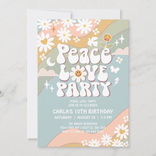 Peace Love Party Daisy Hippie 70s Verjaardag Kaart (Voorkant)