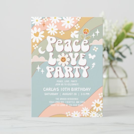 Peace Love Party Daisy Hippie 70s Verjaardag Kaart (Staand voorkant)