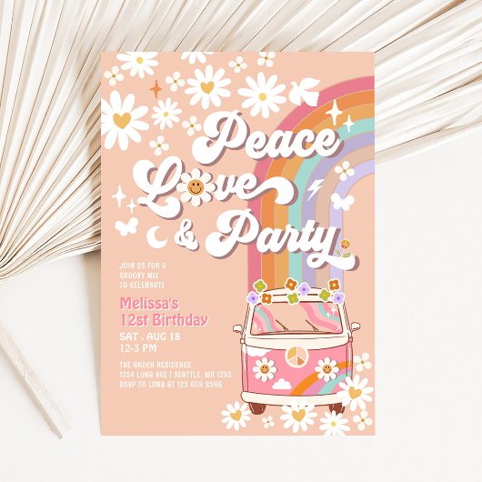 Peace Love Party Groovy Daisy Rainbow Verjaardag Kaart