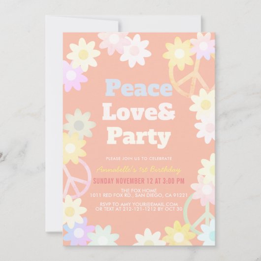 Peace Love & Party Roze 1e verjaardag Uitnodiging (Voorkant)