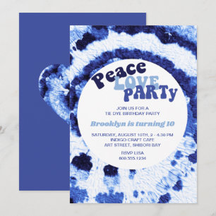 Peace Love Party Shibori Blauwe Tie Dye Verjaardag Kaart