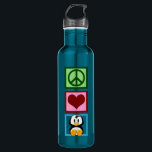 Peace Love Penguins Waterfles<br><div class="desc">Een schattige pinguïn die naast een vredesteken en een hart zit. Ik hou van schattige dieren.</div>