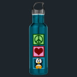 Peace Love Penguins Waterfles<br><div class="desc">Een schattige pinguïn die naast een vredesteken en een hart zit. Ik hou van schattige dieren.</div>