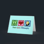 Peace Love Philosophy Feestdagen Kaart<br><div class="desc">Peace Love Philosophy gift voor een filosoof die de overhand had in filosofische studies op de universiteit. Geef uitdrukking aan uw gedachten over ons bestaan. Een schattig cadeau voor een filosofie-hoofdstudent of professor. Hij heeft een vredesteken,  hart en de menselijke geest op een  blauwgroen cadeau.</div>