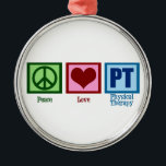 Peace Love Physical Therapist Metalen Ornament<br><div class="desc">Een vredesteken,  hart en de letters PT voor fysieke therapie.</div>