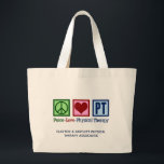 Peace Love Physical Therapy Custom PT Kantoor Grote Tote Bag<br><div class="desc">Peace Love Physical Therapy canvas tas met een groen vredesteken, rood hart en de letters PT in blauw voor een fysiotherapeut. Pas aan met uw bedrijf of bedrijfsnaam.</div>