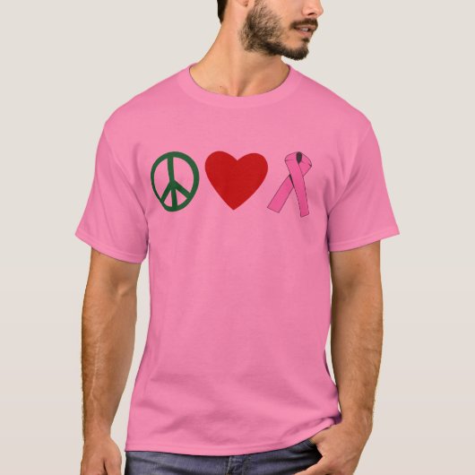 Peace Love Pink Ribbon T shirten, Mokken T-shirt (Voorkant)