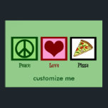 Peace Love Pizza Poster<br><div class="desc">Een coole poster van pizza met een vredesteken,  een hart en een stuk pizza met paddenstoelen en tomaten. Een schattig aangepast poster voor een pizza plek. Pas aan met uw pizzabedrijf of Italiaanse restaurantnaam.</div>