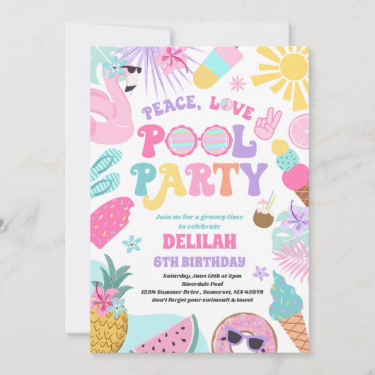 Peace Love Pool Party Groovy Summer Pool Birthday Kaart (Voorkant)